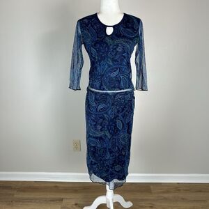 Y2K Medium Mesh Paisley Set Skirt Top Blue Grunge Chic Hippie Boho Vintage 90s